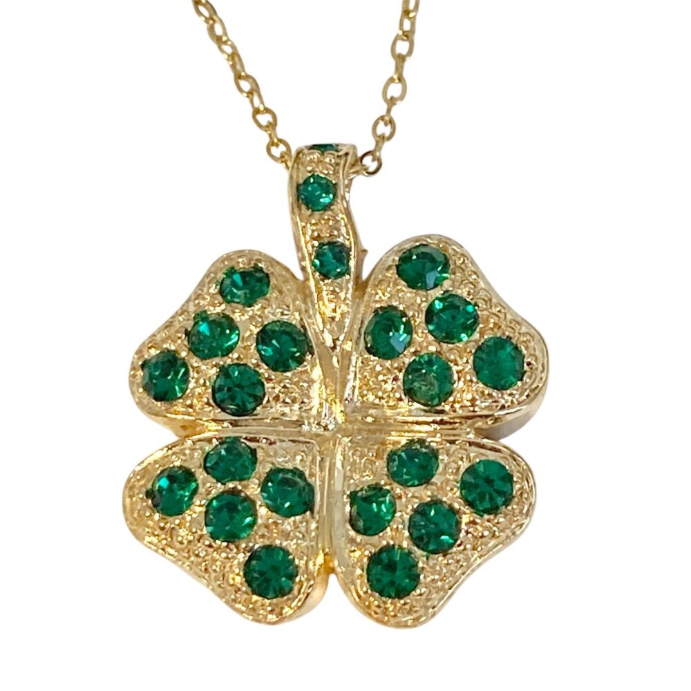 Vintage Shamrock Pendant Necklace Irish Clover Green Crystals Gold Plated 17"